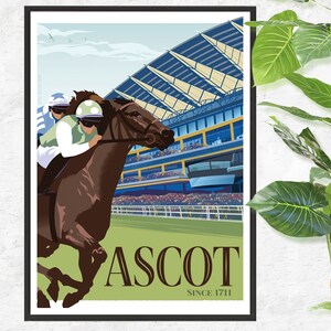 May include: A framed poster featuring a horse race at Ascot. The illustration shows a brown horse with a jockey in green and white racing attire. The grandstand is blue and white, with the word "ASCOT" and "SINCE 1711" at the bottom.