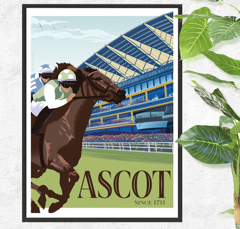 May include: A framed poster featuring a horse race at Ascot. The illustration shows a brown horse with a jockey in green and white racing attire. The grandstand is blue and white, with the word "ASCOT" and "SINCE 1711" at the bottom.
