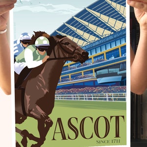 May include: A vintage-style poster featuring a horse race at Ascot. The illustration shows a brown horse with a jockey in green and white racing attire. The grandstand is in the background, and the word "ASCOT" is prominently displayed.