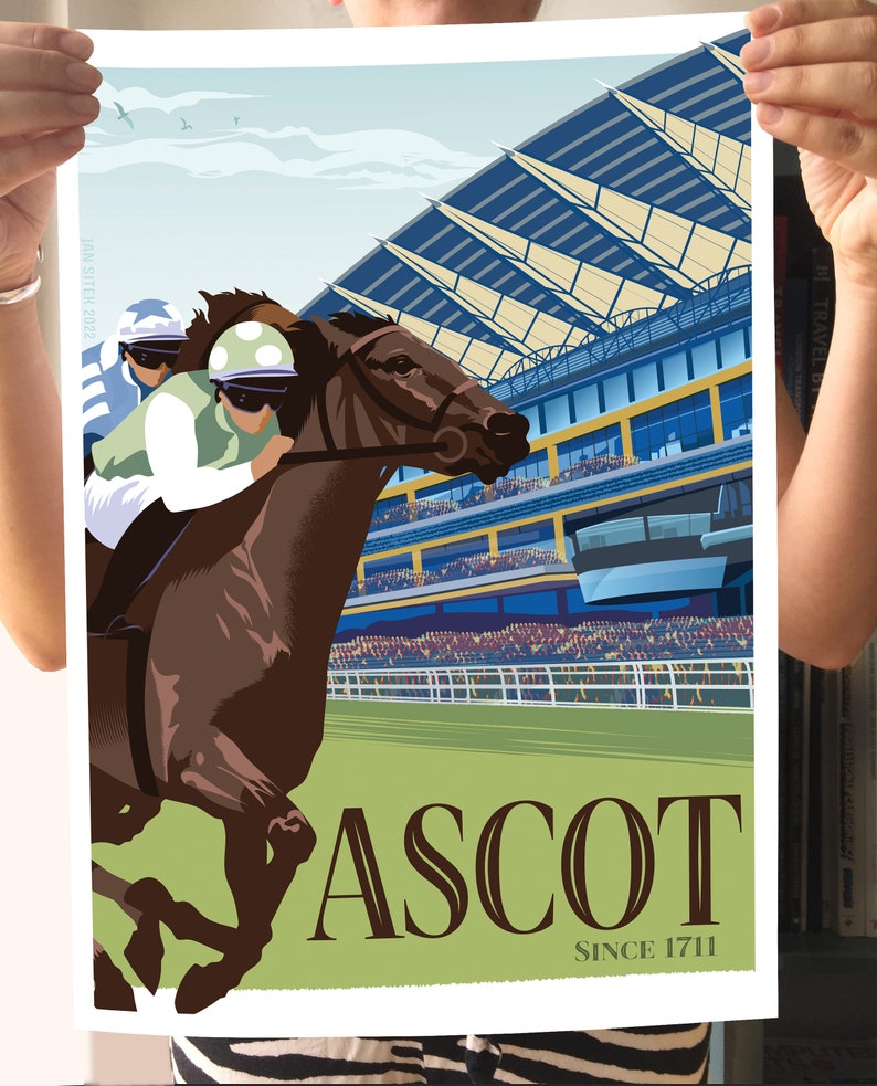 May include: A vintage-style poster featuring a horse race at Ascot. The illustration shows a brown horse with a jockey in green and white racing attire. The grandstand is in the background, and the word "ASCOT" is prominently displayed.