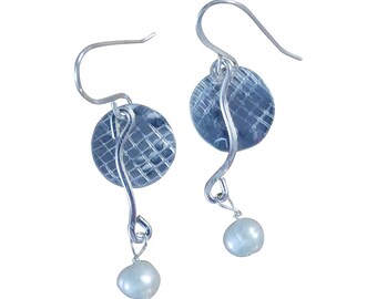Handmade Lightweight Sterling Silver Disc With Wave Links and Pearl Drop Earrings