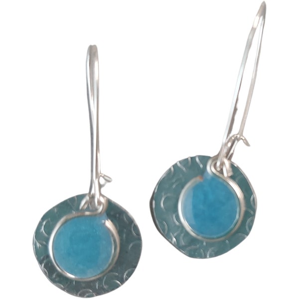Handmade Lightweight Silvertone Aqua Blue Resin Medium Disc Drop Earrings Beads by Bettina