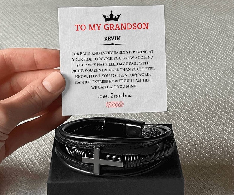 Men Braclet To My Grandson Braided Leather Bracelet Gift Set