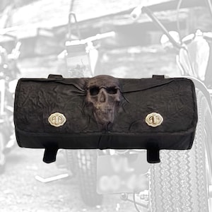 Made To Order-Handcrafted Genuine Vegetal Leather Front Fork Tool Bag Embossed Skull Design-Gift Harley Davidson-Universal Motorcycle Bag
