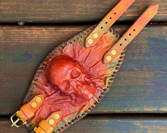 Made To Order Handcrafted Genuine Vegetal Multi Color Leather Skull Design Cuff-Unique Gift Men's Embossed Skull Leather Wristband