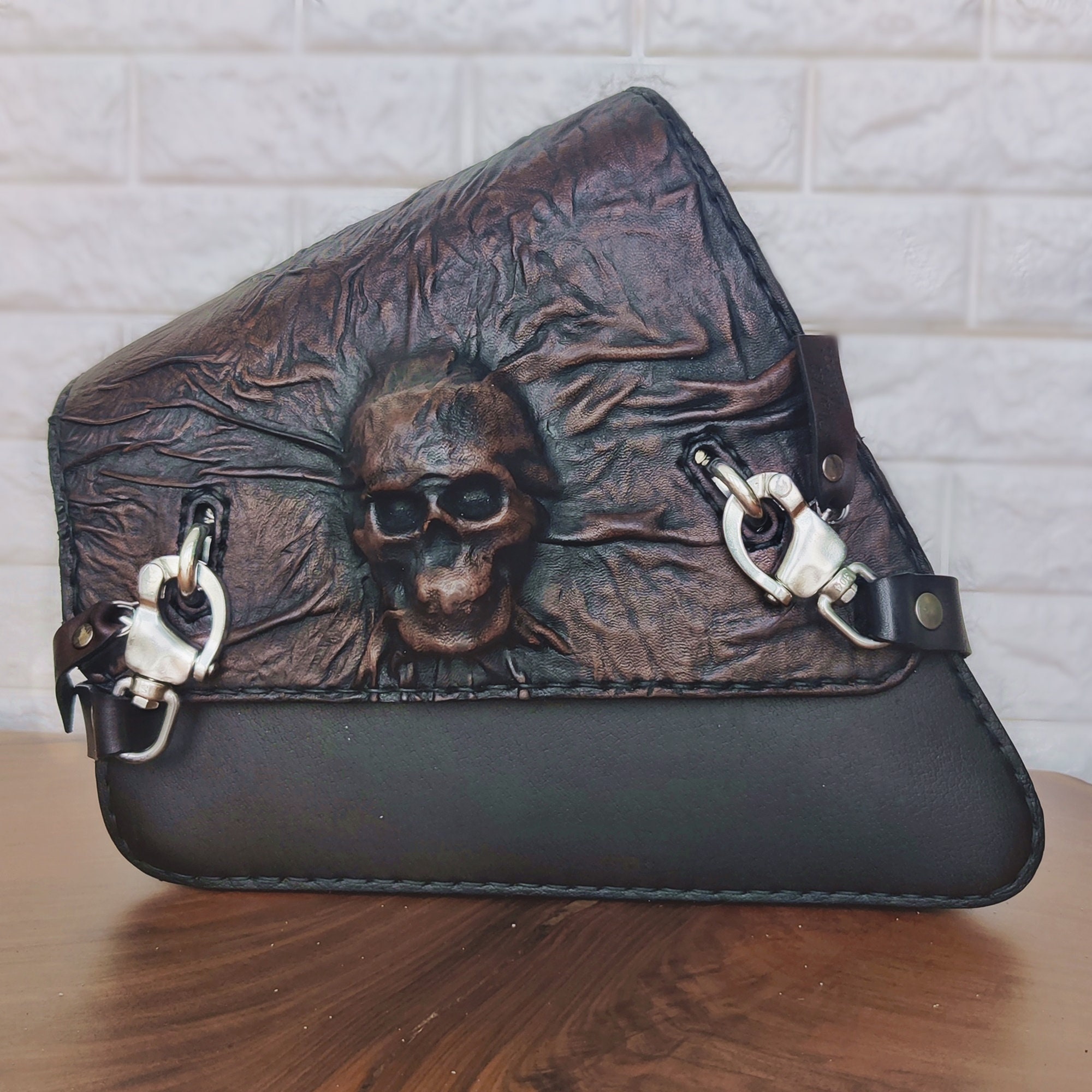 Handcrafted Vegetal Leather Black Motorcycle Right Side Skull