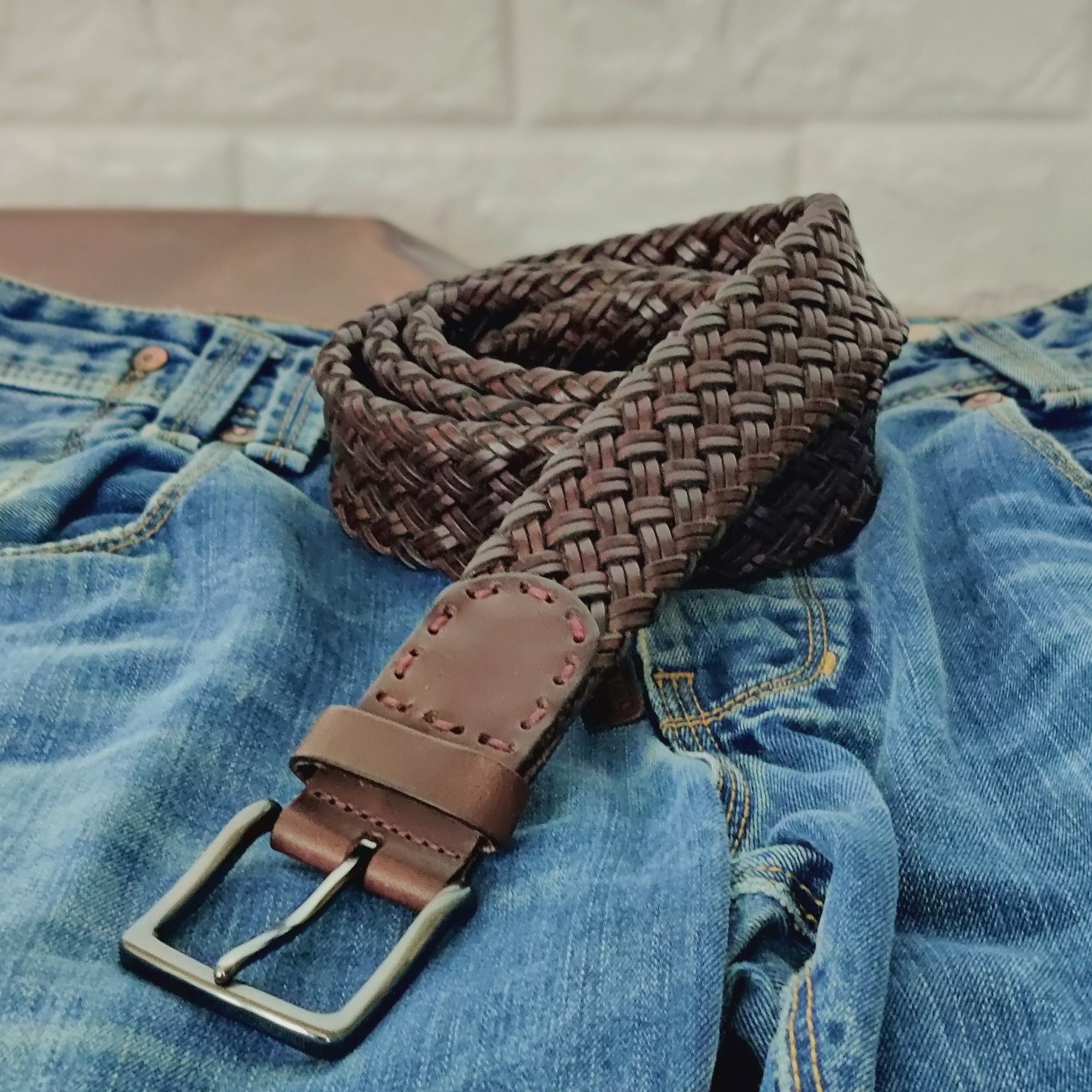 Brown Leather woven denim braided canvas novelty belt Women main image 2