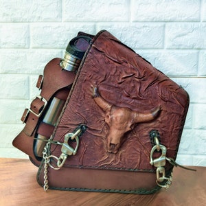 Handcrafted Brown Color Vegetal Leather Motorcycle Left Side Saddlebag-Embossed Longhorn-Harley Davidson Softail-Universal Swingarm Bag