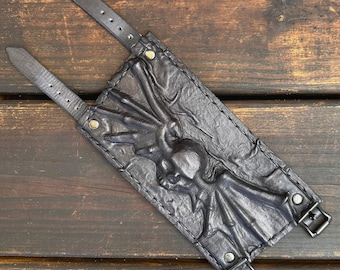 Auf Bestellung-Handgefertigte Echt Pflanzlich Schwarz Leder Vampir-Schädel-Design Cuff-Only Xlarge Unisex Geschenk-Schädel-Leder-Armband