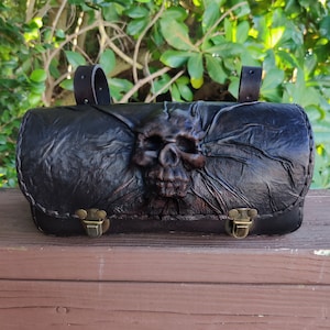 Handcrafted Genuine Vegetal Black Leather Front Fork Tool Bag With Embossed Skull Design-Universal Motorcycle Motorcycle Bag