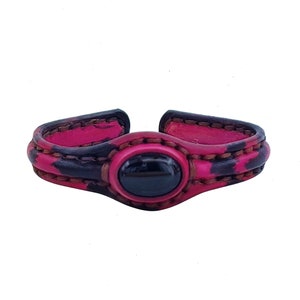 Unique Handcrafted 2 Colored Vegetal Leather Bracelet with Black Agate Stone Setting-Unique Gift Fashion Jewelry Cuff-Adjustable Wristband