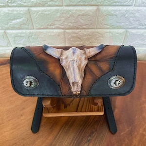 Made To Order-Handcrafted Black and Brown Leather Front Fork Bag Embossed Longhorn Design-Gift Harley Davidson and Universal Motorcycle Bag