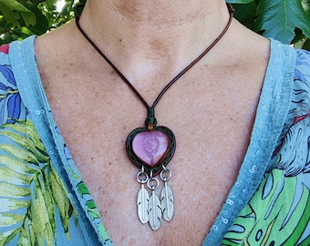Handcrafted Genuine Vegetal Leather Heart Necklace with Pink Cat Eye Stone-Lifestyle Unique Gift Unisex Fashion Leather Jewelry