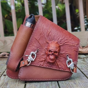 Handcrafted Vegetal Light Brown Leather Embossed Skull Motorcycle Left Side Saddlebag-Harley Davidson Softail-Universal Swingarm Bag