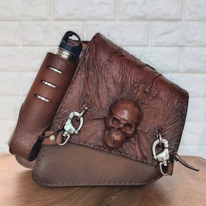 Handcrafted Vegetal Leather Rustic Brown Embossed Skull Motorcycle Left Side Saddlebag-Gift Harley Davidson Softail-Universal Swingarm Bag