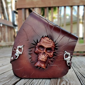 Handcrafted Genuine Brown Leather Motorcycle Left Side Skull Saddle Bag for Softail -Universal Swingarm Bag-Embossed Skull