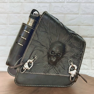 Handcrafted Vegetal Leather Black Motorcycle Left Side Skull Saddlebag-Harley Davidson Softail-Universal Motorcycle Swingarm Bag