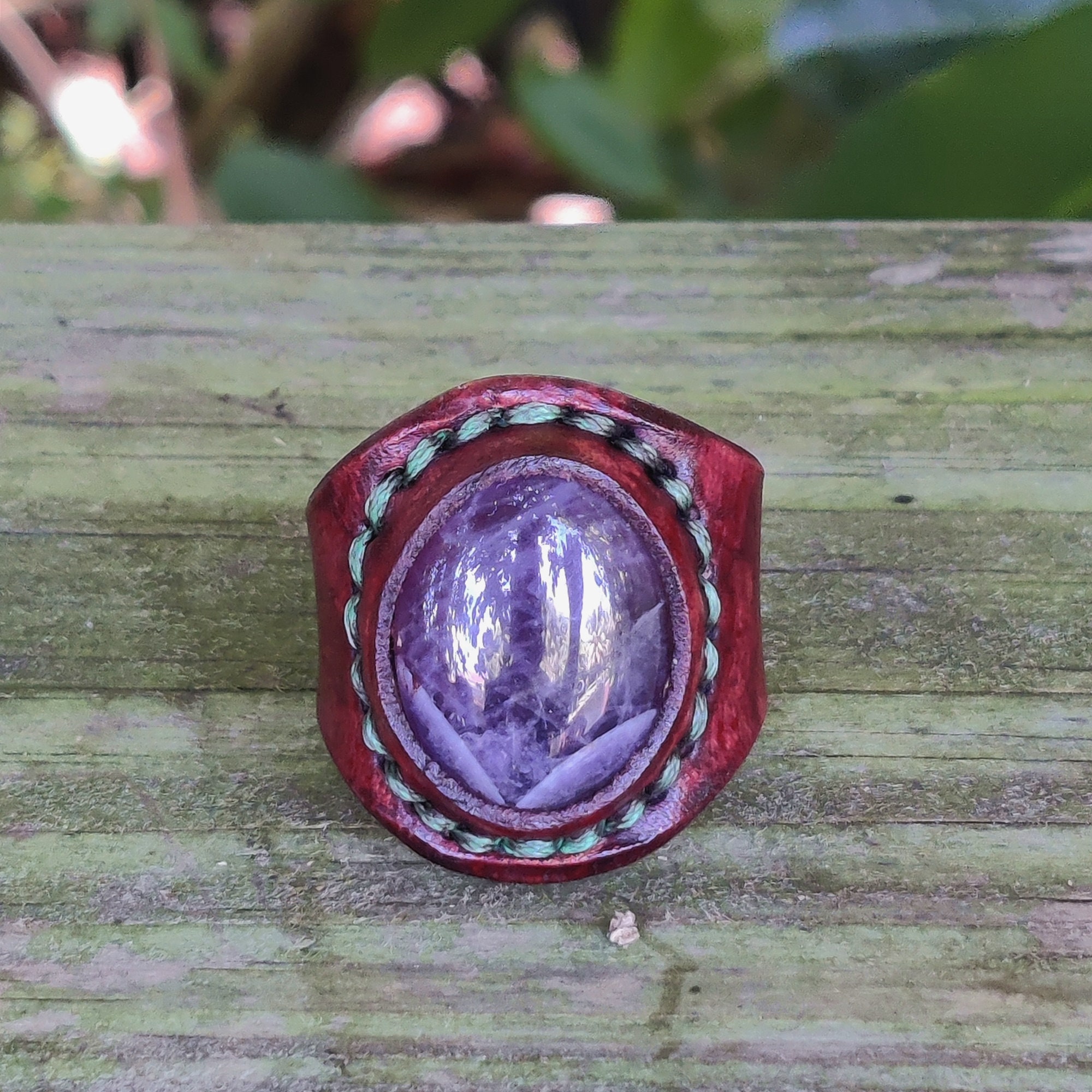 Unique Handcrafted Vegetal No 15.5 Leather Ring With Purple Agate