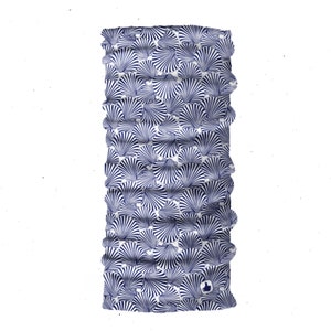 May include: A white and blue patterned neck gaiter with a design of stylized seashells. The neck gaiter is made of a soft, stretchy fabric and can be worn as a scarf, headband, or face mask.