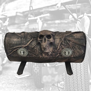 Made To Order-Handcrafted Rustic Black Genuine Leather Front Fork Tool Bag Embossed Skull-Gift Harley Davidson-Universal Motorcycle Bag