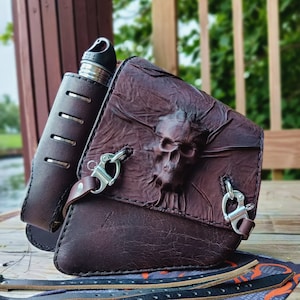 Handcrafted Genuine Brown Vegetal Leather Brown Skull Motorcycle Left Side Saddlebag-Gift Harley Davidson Softail Swingarm Bag