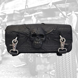 Made To Order-Handcrafted Genuine Black Leather Front Fork Tool Bag Embossed Skull Design-Gift Harley Davidson and Universal Motorcycle Bag