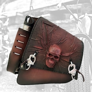 Handcrafted Vegetal Leather Rustic Maroon Embossed Skull Motorcycle Left Side Saddlebag-Gift Harley Davidson Softail-Universal Swingarm Bag