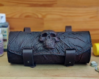 Made To Order-Handcrafted Genuine Vegetal Black Leather Front Fork Tool Bag With Embossed Skull Design-HD and Universal Motorcycle Bag