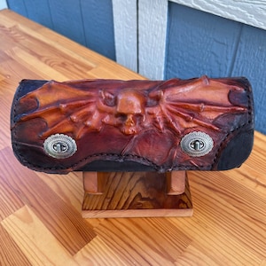 Made To Order-Handcrafted Black Brown Leather Front Fork Bag Embossed Vampire Skull Design-Gift Harley Davidson and Universal Motorcycle Bag