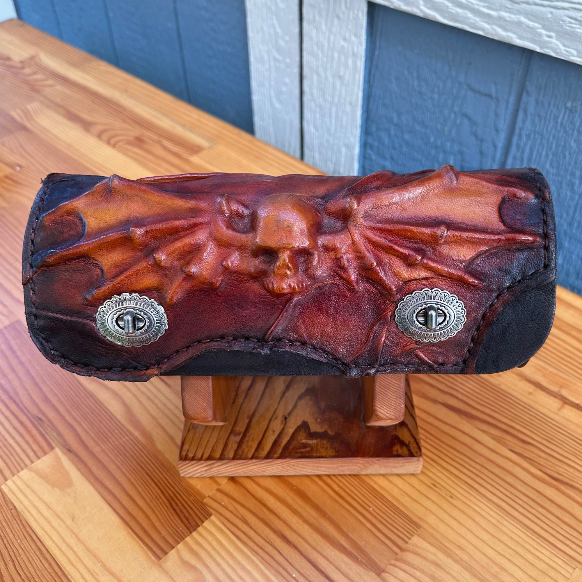 Made To Order-Handcrafted Black Brown Leather Front Fork Bag Embossed Vampire Skull Design-Gift Harley Davidson and Universal Motorcycle Bag