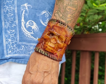 Handcrafted Genuine Vegetal Multi Color Leather Skull Design Cuff-Unique Gift Men's Embossed Skull Leather Wristband