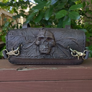 Made To Order-Handcrafted Genuine Vegetal Leather Tool Bag With Embossed Skull Design-Harley Davidson and Universal Motorcycle Bag