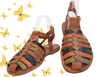 Handcrafted Strappy Vegetal Leather Sandals for Women with Colorful Straps-Life Style Summer Shoes-Gift Fashion Footwear-Sandal