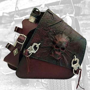 Handcrafted Light Rustic Maroon Vegetal Leather Embossed Skull Motorcycle Left Side Saddlebag-Harley Davidson Softail-Universal Swingarm Bag