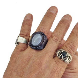 Unique Handcrafted Vegetal Leather Ring with Gray Cat Eye Stone Setting-Lifestyle Unisex Gift Fashion Jewelry with Naturel Stone