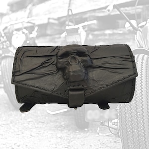 MADE TO ORDER-Handcrafted Genuine Black Leather Front Fork Tool Bag With Embossed Skull Design-Harley Davidson and Universal Motorcycle Bag
