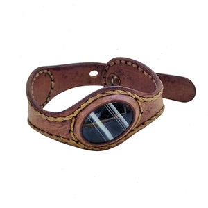 Handcrafted Genuine Brown Vegetal Leather Cuff with Black Agate Stone Setting-Lifestyle Unique Gift Fashion Jewelry Bracelet