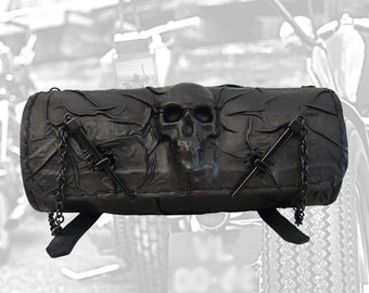 Bolso de herramientas de horquilla delantera de cuero negro genuino hecho a pedido, diseño de calavera en relieve, regalo Harley Davidson y bolso universal para motocicleta