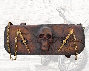 Made To Order-Handcrafted Leather Genuine Rustic Brown Tool Bag With Embossed Skull Design-Harley Davidson and Universal Motorcycle Bag