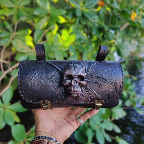 Handcrafted Genuine Vegetal Black Leather Front Fork Tool Bag With