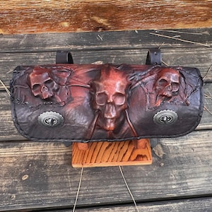 MADE TO ORDER-Handcrafted Leather Brown Rustic Color 3 Embossed Skull Tool Bag-Motorcycle Harley Davidson-Universal Motorcycle Fork Bag