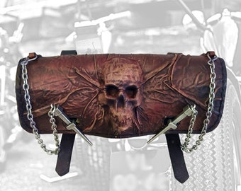 Made to Order - Handcrafted Brown and Black Genuine Leather Front Fork Tool Bag With Embossed Skull Design-Universal Motorcycle Bag