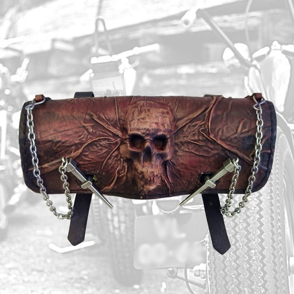 Made to Order - Handcrafted Brown and Black Genuine Leather Front Fork Tool Bag With Embossed Skull Design-Universal Motorcycle Bag