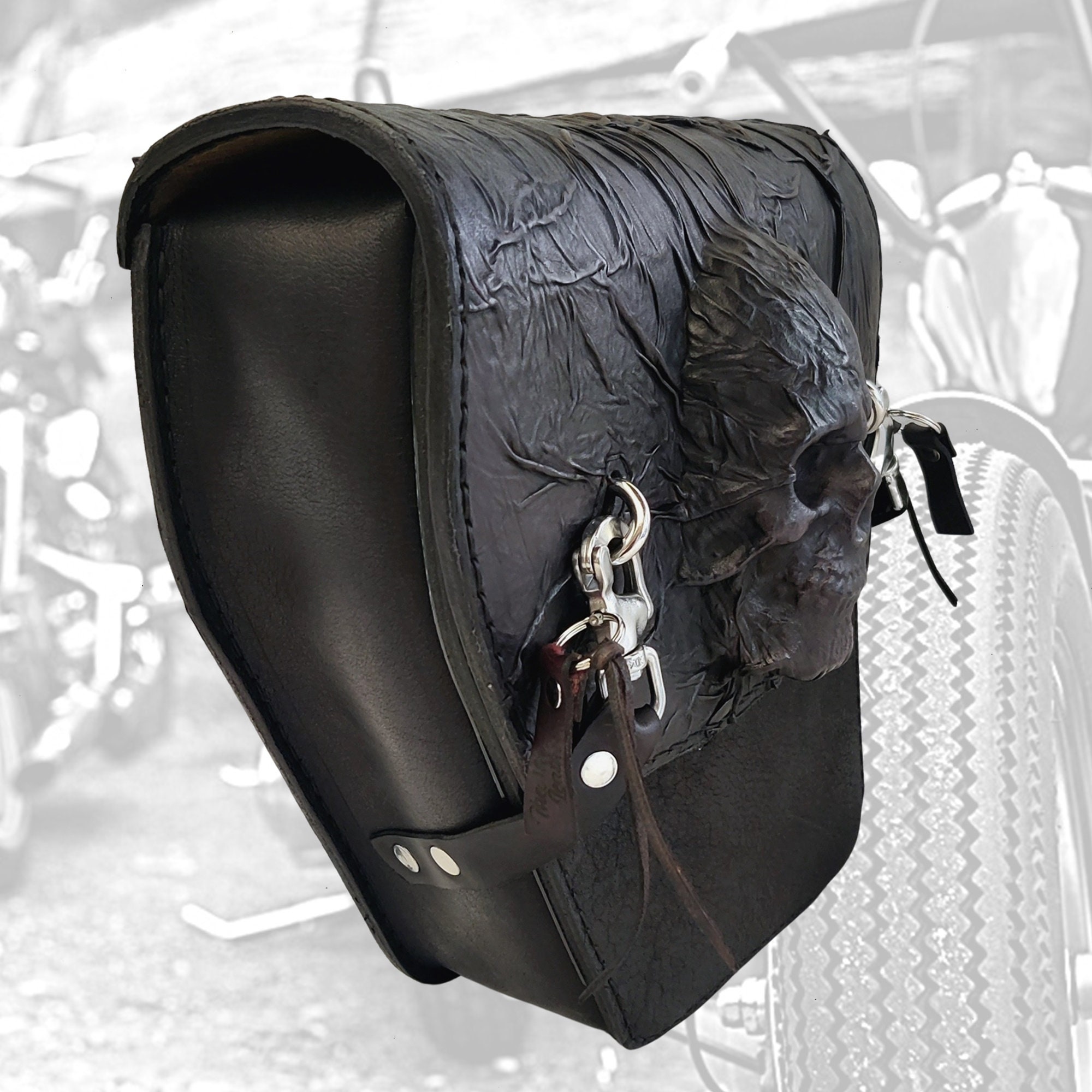 Handcrafted Vegetal Leather Black Large Motorcycle Left Side