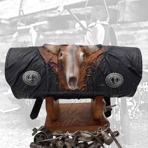 Made To Order-Handcrafted Black and Brown Leather Front Fork Bag Embossed Longhorn Design-Gift Harley Davidson and Universal Motorcycle Bag