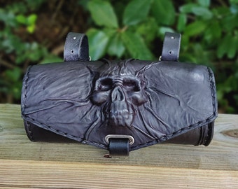 MADE TO ORDER-Handcafted Genuine Vegetal Leather Front Fork Tool Bag - Leather Motorcycle Bags - Cool Skull Design Motorcycle Bag