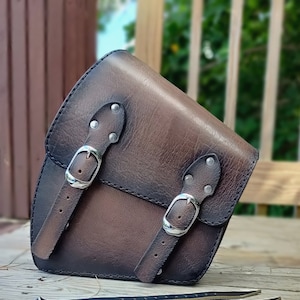 Handcrafted Vegetal Leather Brown-Black Left Side Motorcycle Saddlebag-Harley Davidson Softail-Universal Custom Swingarm Bag
