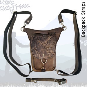 Handcrafted Genuine Vegetal Leather Rustic Gray Embossed Waves Drop Leg Bag–Skull Design Backpack–Gift Hip Rider-Cross Body Bag