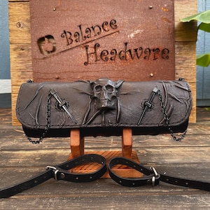 Long Handcrafted Vegetal Leather Black Color Embossed Skull Tool Bag-Motorcycle Harley Davidson-Universal Motorcycle Front Fork Bag