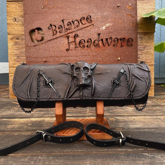 Long Handcrafted Vegetal Leather Black Color Embossed Skull Tool Bag motorcycle Harley Davidson universal Motorcycle Front Fork Bag Etsy Canada